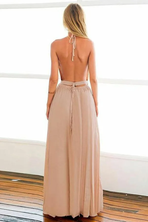 Backless Chiffon Long Prom Dress, A-Line Halter Blush Evening Dress MP286